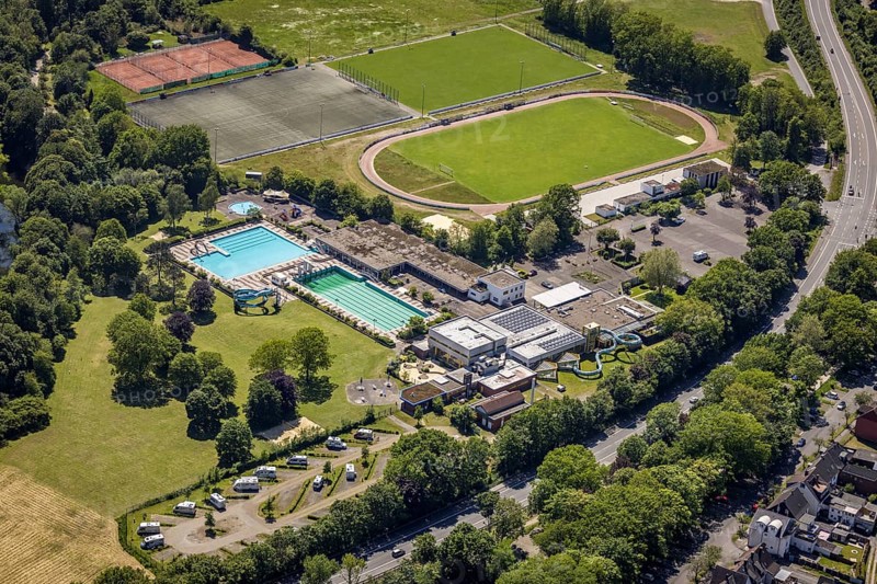 Aerial view, leisure pool watercolour, sports ground TuS Haltern am See, Haltern town, Haltern am See, Ruhr area, North Rhine-Westphalia, Germany, bathing establishment, bathing resort, DE, Europe, outdoor pool, leisure activities, football pitch, aerial view, aerial photography, aerial photography, swimming pool, swimming pool, sports, sports facilities, sports ground, sports facility, overview, bird's-eye view, birds-eyes view, overview