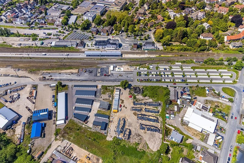 Aerial view, Haltern am See station, ParkAndRide, car park, construction site and conversion, Haltern-Stadt, Haltern am See, Ruhr area, North Rhine-Westphalia, Germany, railway tracks, station, station forecourt, platform, construction work, construction area, building site, building plots, construction measure, construction project, construction site, DE, Deutsche Bahn AG, Europe, track systems, main station, main station, aerial view, aerial photography, aerial photography, overview, bird's-eye view, overview