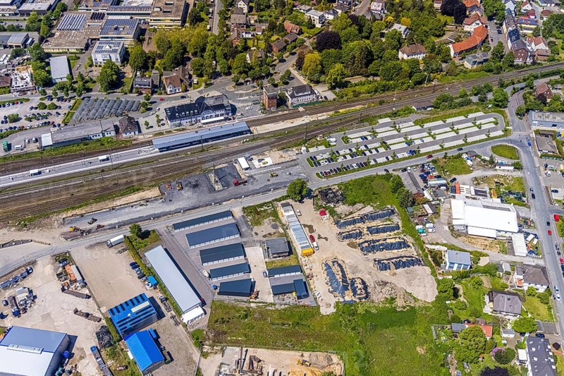 Aerial view, Haltern am See station, ParkAndRide, car park, construction site and conversion, Haltern-Stadt, Haltern am See, Ruhr area, North Rhine-Westphalia, Germany, railway tracks, station, station forecourt, platform, construction work, construction area, building site, building plots, construction measure, construction project, construction site, DE, Deutsche Bahn AG, Europe, track systems, main station, main station, aerial view, aerial photography, aerial photography, overview, bird's-eye view, overview