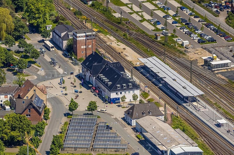 Aerial view, Haltern am See station, construction site and conversion, Haltern town, Haltern am See, Ruhr area, North Rhine-Westphalia, Germany, railway tracks, station, station forecourt, platform, construction work, construction area, building site, building plots, construction measure, construction project, construction site, DE, Deutsche Bahn AG, Europe, railway tracks, main station, main station, aerial view, aerial photography, aerial photography, overview, bird's-eye view, overview