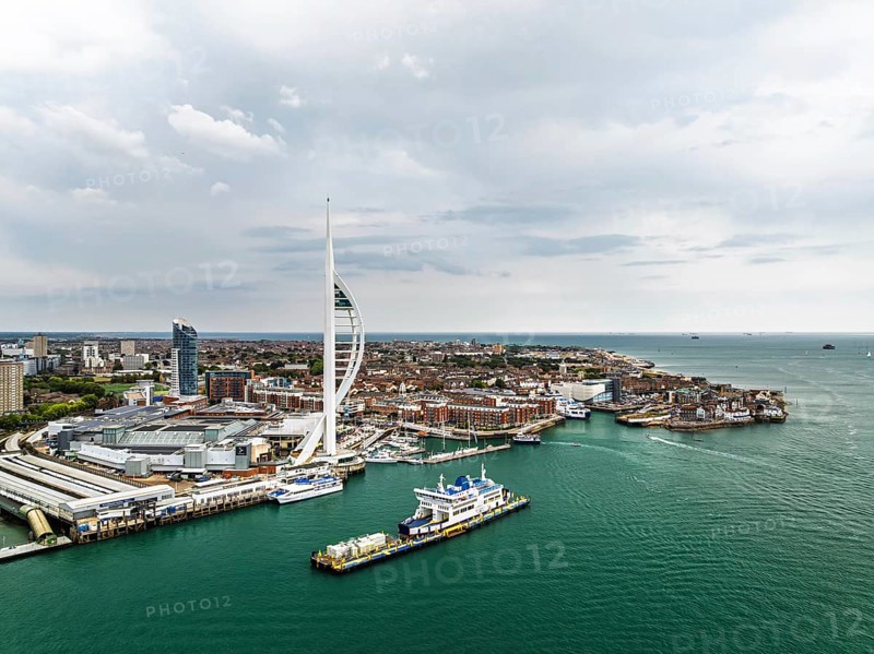 Portsmouth Harbour over Spinnaker Tower from a drone, Portsmouth, Gosport, EnglandDefault