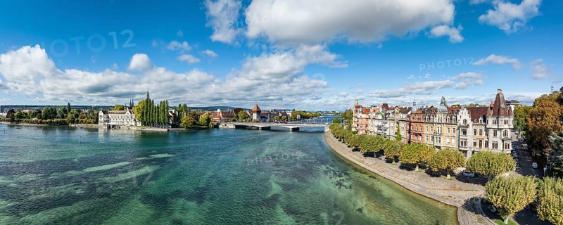 Aerial view, panorama of Lake Constance and the Seerhein including the Rhine funnel with the city of Constance and the old Rhine bridge, where the Rhine officially begins at kilometre zero, on the right the district of Petershausen with the historic town houses in Art Nouveau style on Seestraße, district of Constance, Baden-Württemberg, Germany