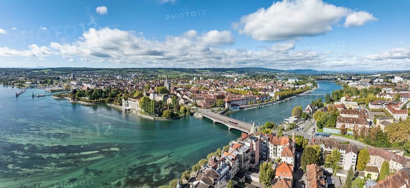 Aerial view, panorama of Lake Constance and the Seerhein also Rhine funnel with the city of Constance and the old Rhine bridge, where the Rhine officially begins at kilometre zero, on the right the district of Petershausen, district of Constance, Baden-Württemberg, Germany