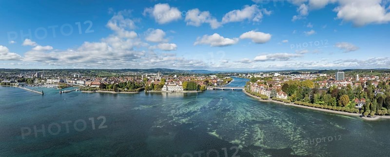 Aerial view, panorama of Lake Constance and the Seerhein including the Rhine funnel with the city of Constance and the old Rhine bridge, where the Rhine officially begins at kilometre zero, on the left the harbour entrance with the Imperia statue, district of Constance, Baden-Württemberg, Germany