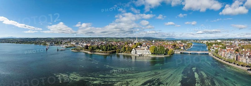Aerial view, panorama of Lake Constance and the Seerhein including the Rhine funnel with the city of Constance and the old Rhine bridge, where the Rhine officially begins at kilometre zero, on the left the harbour entrance with the Imperia statue, district of Constance, Baden-Württemberg, Germany