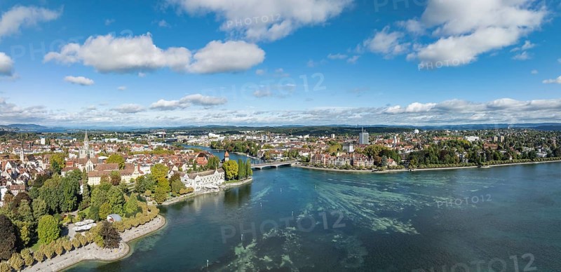 Aerial view, panorama of Lake Constance and the Seerhein including the Rhine funnel with the city of Constance and the old Rhine bridge, where the Rhine officially begins at kilometre zero, on the left the harbour entrance with the Imperia statue, district of Constance, Baden-Württemberg, Germany
