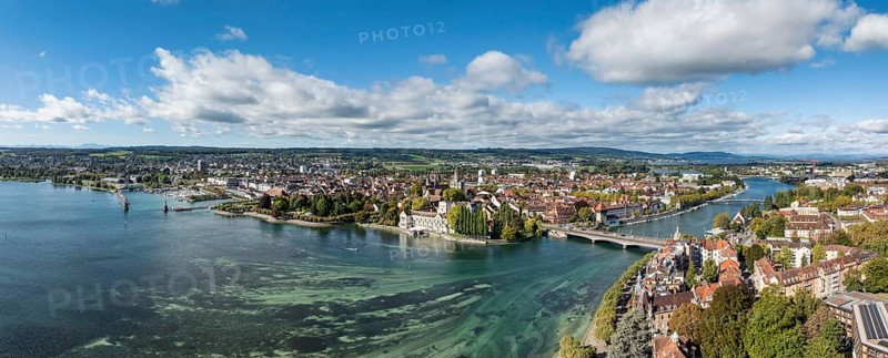 Aerial view, panorama of Lake Constance and the Seerhein also Rhine funnel with the city of Constance and the old Rhine bridge, where the Rhine officially begins at kilometre zero, on the right the district of Petershausen, district of Constance, Baden-Württemberg, Germany