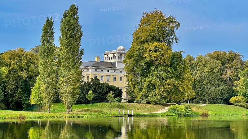 Wörlitz Park with a view of Wörlitz Palace, church, Dessau-Wörlitz Garden Kingdom, Unesco World Heritage Site, summer feeling, holiday destination, sunshine, Prince Friedrich Franz von Anhalt-Dessau, Dessau-Wörlitz Cultural Foundation, Middle Elbe Biosphere Reserve, Saxony-Anhalt, Germany