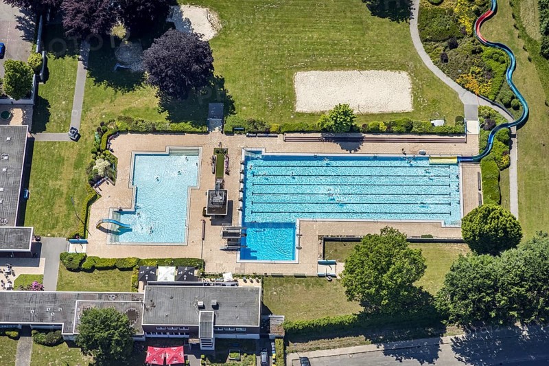 Aerial view, open-air swimming pool Sythen, Haltern am See, Ruhr area, North Rhine-Westphalia, Germany, bathing establishment, bathing resort, DE, Europe, open-air swimming pool, leisure activities, aerial view, aerial photography, aerial photography, Mosskamp, swimming pool, swimming pool, overview, bird's-eye view, overview