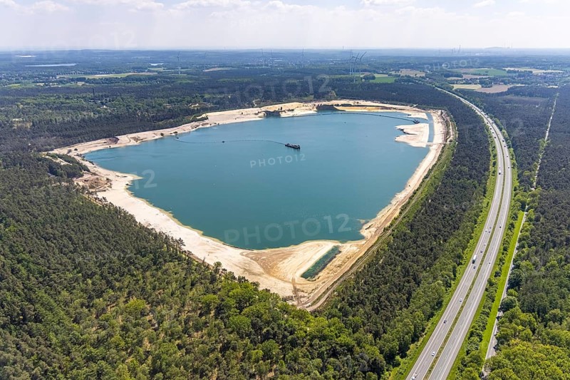 Aerial view, Silbersee I with quartz sand extraction in the district of Lehmbraken, Lehmbraken, Haltern am See, Ruhr area, North Rhine-Westphalia, Germany, DE, Europe, aerial view, aerial photography, aerial photography, quartz sand extraction, Quarzwerke Group, lake, overview, bird's-eye view, overview