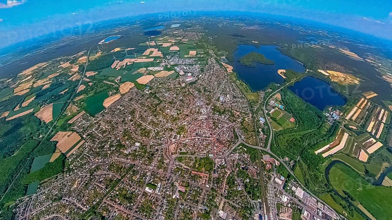Aerial view, fisheye view of the old town and the Haltern reservoir, Haltern town, Haltern am See, Ruhr area, North Rhine-Westphalia, Germany, Germany