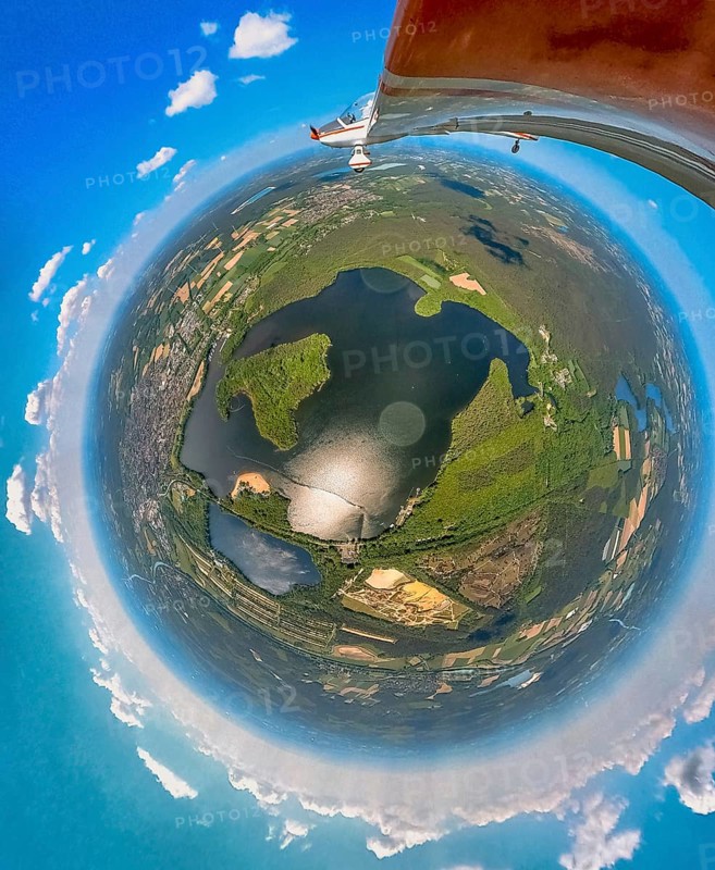 Aerial view, fisheye view of Haltern reservoir with motorised glider, Haltern town, Haltern am See, Ruhr area, North Rhine-Westphalia, Germany, Germany