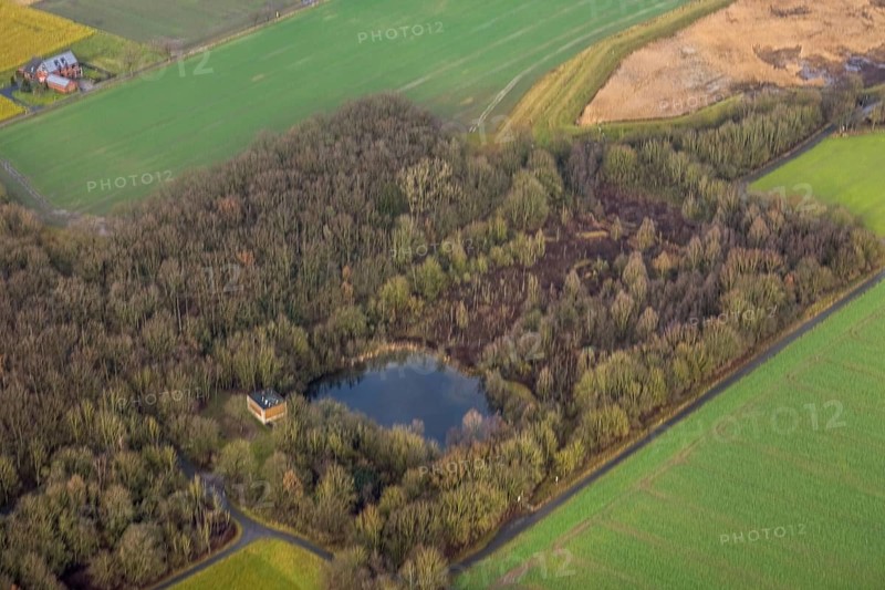 Aerial view forest area Sandbochumer Heide near Kerstheider Straße in Hamm, Ruhr area, North Rhine-Westphalia, Germany, fallow land, DE, Europe, Hamm, aerial view, aerial photograph, aerial photography, aerial photography, Rhine-Ruhr metropolitan region, lake, pond, overview, bird's-eye view, forest area, birds-eyes view, overview