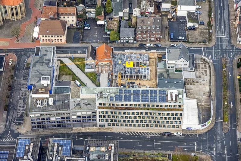 Aerial photo construction site Widumstraße with demolition for new WA office building, Westfälischer Anzeiger, Radio Lippewelle Hamm in Hamm, Ruhr area, North Rhine-Westphalia, Germany, demolition work, construction work, construction, construction area, construction site, construction site, construction project, construction site, DE, Europe, commercial enterprises, commercial area, commercial park, commercial location, commercial use, Hamm, industrial area, industrial building, industrial location, aerial view, aerial photography, aerial photography, aerial photography, metropolitan region Rhine-Ruhr, new building, photovoltaic, photovoltaic plant, solar, solar plant, solar energy, solar energy, Stadtanzeiger Hamm, overview, bird's-eye view, newspaper publisher, birds-eyes view, overview
