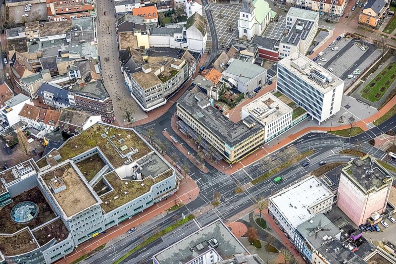 Aerial view city centre view commercial buildings Bahnhofstraße in Hamm, Ruhr area, North Rhine-Westphalia, Germany, federal road B63, City, DE, Europe, commercial buildings, Hamm, city centre, aerial view, aerial photograph, aerial photography, aerial photography, Rhine-Ruhr metropolitan region, city centre, overview, bird's eye view, bird's eye view, overview