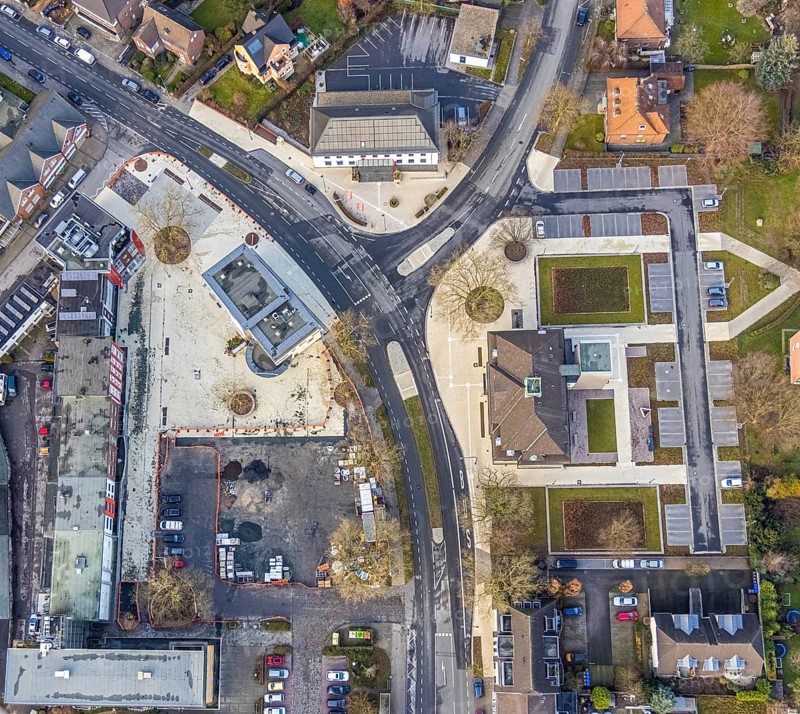 Aerial view of the town hall of Heessen Amtsstraße and the construction site of Heessener Markt in Hamm, Ruhr area, North Rhine-Westphalia, Germany, construction work, construction progress, construction area, building site, building plots, construction measure, construction project, construction site, DE, renovation, Europe, Hamm, aerial view, aerial photograph, aerial photography, aerial photography, Rhine-Ruhr metropolitan region, renovation, refurbishment, overview, bird's-eye view, overview