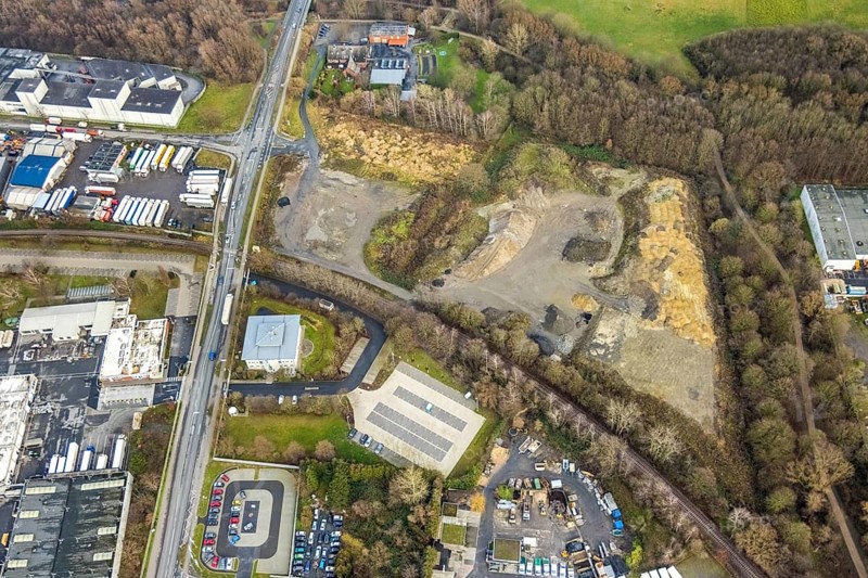 Aerial view contaminated site at Loddenfeld at Warendorfer Straße at the industrial estate Römerstraße Süd in Hamm, Ruhr area, North Rhine-Westphalia, Germany, construction area, construction site, building plots, construction project, DE, Europe, commercial enterprises, commercial area, industrial estate, industrial park, commercial site, commercial use, Hamm, industrial area, industrial building, industrial site, landscaping, aerial view, aerial photograph, aerial photography, aerial photography, Rhine-Ruhr metropolitan region, overview, bird's eye view, birds-eyes view, overview
