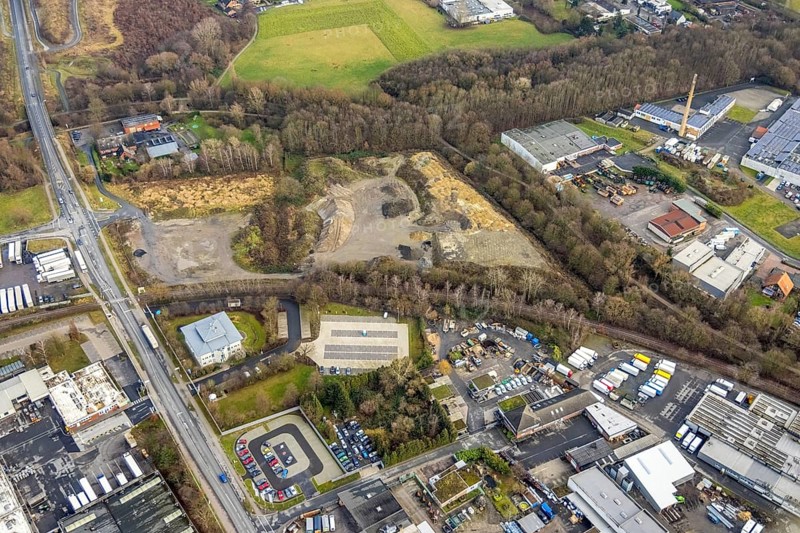 Aerial view contaminated site at Loddenfeld at Warendorfer Straße at the industrial estate Römerstraße Süd in Hamm, Ruhr area, North Rhine-Westphalia, Germany, construction area, construction site, building plots, construction project, DE, Europe, commercial enterprises, commercial area, industrial estate, industrial park, commercial site, commercial use, Hamm, industrial area, industrial building, industrial site, landscaping, aerial view, aerial photograph, aerial photography, aerial photography, Rhine-Ruhr metropolitan region, overview, bird's eye view, birds-eyes view, overview