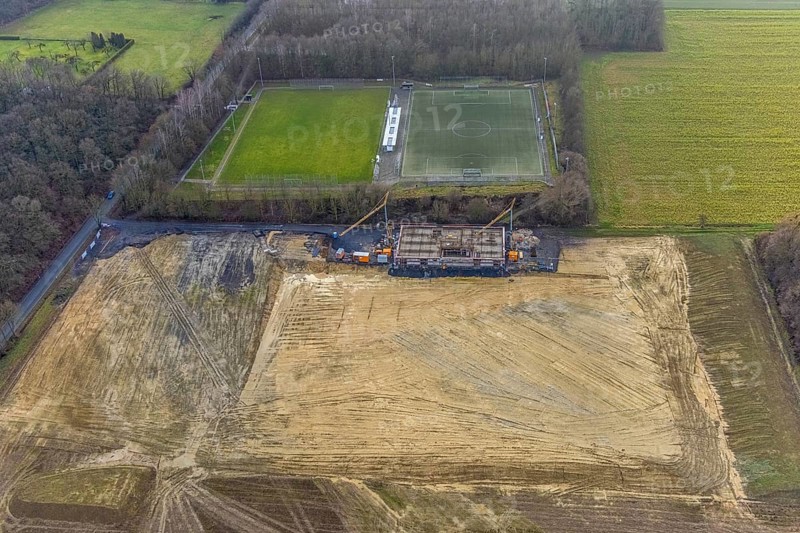 Aerial view open space and construction site football pitch club grounds of SV Westfalia Rhynern An der Lohschule in Hamm, Ruhr area, North Rhine-Westphalia, Germany, construction work, construction, construction area, construction site, building plots, construction project, construction site, DE, Europe, football pitch, Hamm, aerial view, aerial photograph, aerial photography, aerial photography, Rhine-Ruhr metropolitan region, new construction, sports field, overview, bird's-eye view, overview