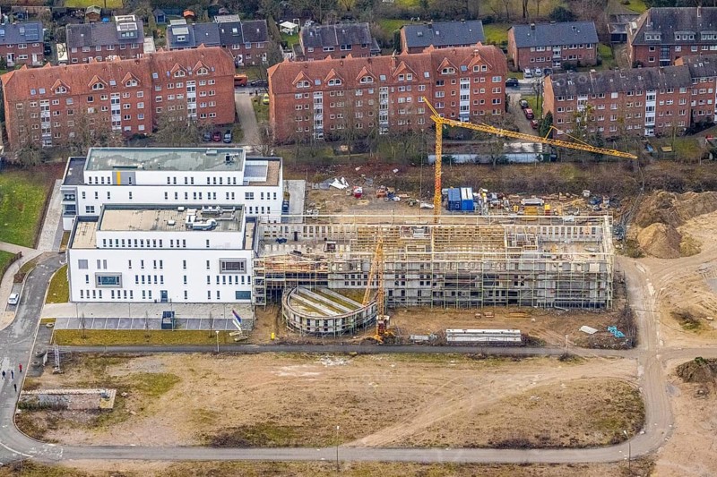 Building area Paracelsuspark with innovation centre, SCI:Q Science Quarter Hamm, Bad Hamm, Hamm, Ruhr area, North Rhine-Westphalia, Germany, education, educational institution, DE, Europe, business park, industrial area, aerial view, aerial photograph, aerial photography, aerial photography, Marker Allee, Rhine-Ruhr metropolitan region, Paracelsuspark, Science Quarter Hamm, Techpark, overview, university, bird's-eye view, science quarter, birds-eyes view, overview