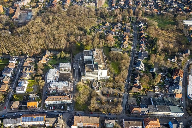 Aerial view St. Josef-Krankenhaus Hamm-Bockum-Hövel in Hamm, Ruhr area, North Rhine-Westphalia, Germany, DE, Europe, healthcare, Hamm, hospital, clinic, clinic centre, hospital, aerial view, aerial photograph, aerial photography, aerial photography, medical facility, medical aid, Rhine-Ruhr metropolitan region, emergency service, overview, bird's-eye view, overview, medical care