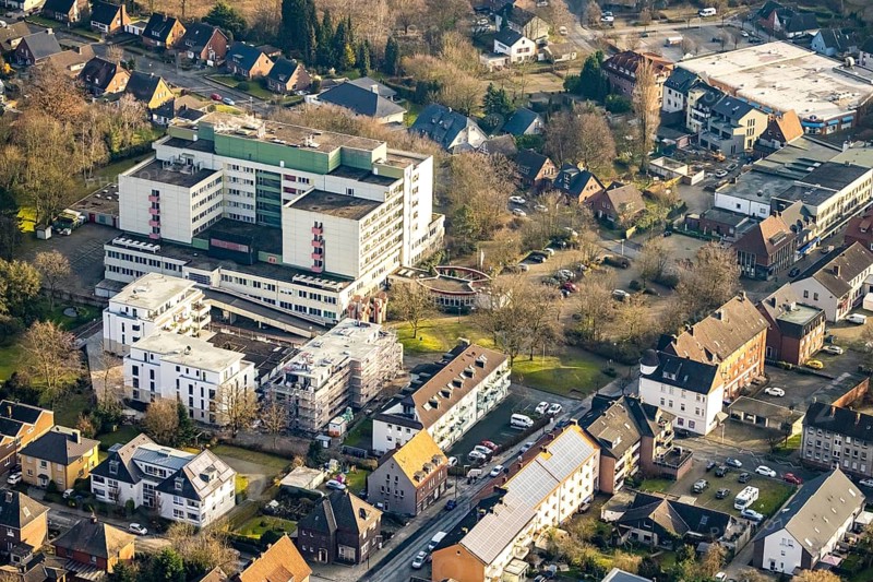Aerial view St. Josef-Krankenhaus Hamm-Bockum-Hövel in Hamm, Ruhr area, North Rhine-Westphalia, Germany, DE, Europe, healthcare, Hamm, hospital, clinic, clinic centre, hospital, aerial view, aerial photograph, aerial photography, aerial photography, medical facility, medical aid, Rhine-Ruhr metropolitan region, emergency service, overview, bird's-eye view, overview, medical care