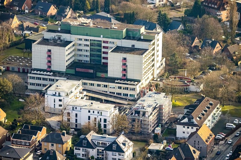Aerial view St. Josef-Krankenhaus Hamm-Bockum-Hövel in Hamm, Ruhr area, North Rhine-Westphalia, Germany, DE, Europe, healthcare, Hamm, hospital, clinic, clinic centre, hospital, aerial view, aerial photograph, aerial photography, aerial photography, medical facility, medical aid, Rhine-Ruhr metropolitan region, emergency service, overview, bird's-eye view, overview, medical care