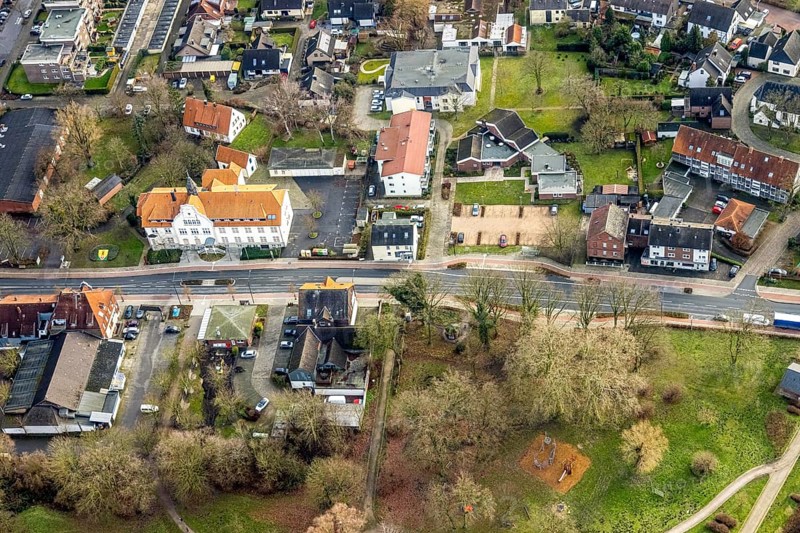 Aerial view, town hall Bürgeramt Pelkum in Hamm, Ruhr area, North Rhine-Westphalia, Germany, authority, DE, Europe, Hamm, aerial view, aerial photography, aerial photography, Rhine-Ruhr metropolitan region, town hall, overview, bird's-eye view, overview