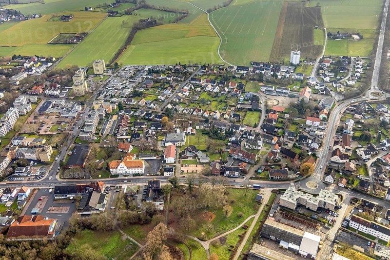 Aerial view, town view and town hall Bürgeramt Pelkum in Hamm, Ruhr area, North Rhine-Westphalia, Germany, authority, DE, Europe, Hamm, aerial view, aerial photography, aerial photography, Rhine-Ruhr metropolitan region, town hall, overview, bird's-eye view, overview