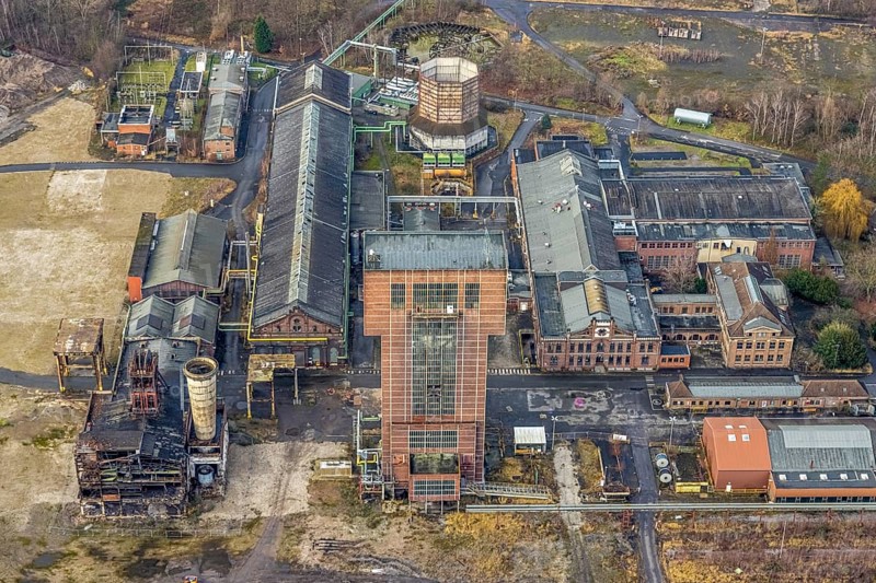 Aerial view with hammerhead tower in Ost Zeche Heinrich Robert colliery, CreativRevier in Wiescherhöfen, Hamm, Ruhr area, North Rhine-Westphalia, Germany, mine, Heinrich Robert colliery, DE, Europe, commercial enterprises, commercial area, commercial park, commercial location, commercial use, industrial plants, industrial area, industrial building, industrial site, aerial view, aerial photograph, aerial photography, aerial photography, Rhine-Ruhr metropolitan region, coal mine, tower, overview, bird's-eye view, birds-eyes view, former Ost colliery, historical, historical site, overview, destroyed building
