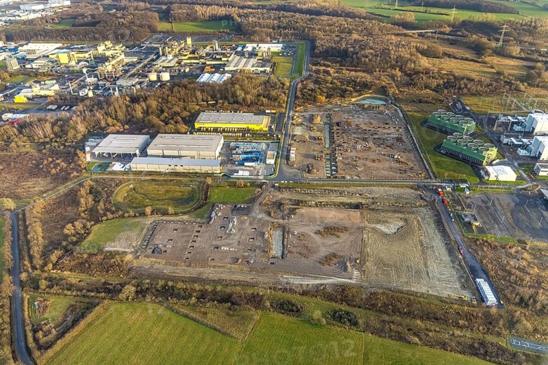 Aerial view of construction site for Douglas distribution centre in the Uentrop district of Hamm, Ruhr area, North Rhine-Westphalia, Germany