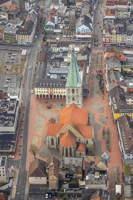 Aerial view evang. Pauluskirche with market place and city centre view in Hamm, Ruhr area, North Rhine-Westphalia, Germany, place of worship, City, DE, Europe, religious community, place of worship, Hamm, holy place, city centre, church, parish, denomination, aerial view, aerial photography, aerial photography, market place, Rhine-Ruhr metropolitan region, religion, religious site, city centre, overview, bird's-eye view, overview