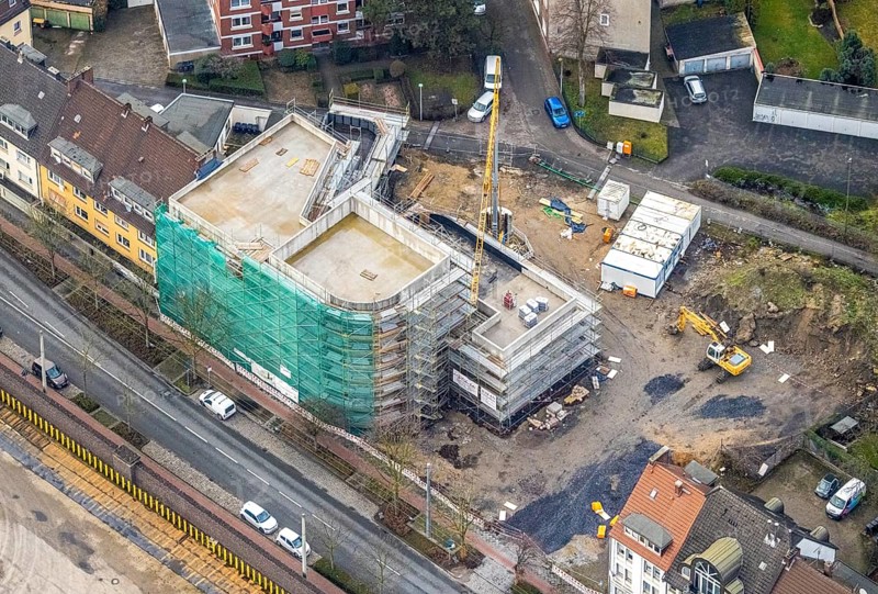 Aerial view new building site Wilhelmstraße district centre in Hamm, Ruhr area, North Rhine-Westphalia, Germany, construction work, building, building site, building plots, construction project, construction site, DE, Europe, Hamm, aerial view, aerial photograph, aerial photography, aerial photography, Rhine-Ruhr metropolitan region, new building, overview, cladding, bird's-eye view, overview