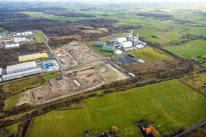 Aerial view Trianel gas power plant Hamm with construction site for Douglas distribution centre and construction site Hines in the district Uentrop in Hamm, Ruhr area, North Rhine-Westphalia, Germany, DE, Deutsche Post DHL - Mech ZB Hamm, Europe, Hamm, power plant, aerial view, aerial photograph, aerial photography, aerial photography, Rhine-Ruhr metropolitan region, overview, bird's-eye view, overview