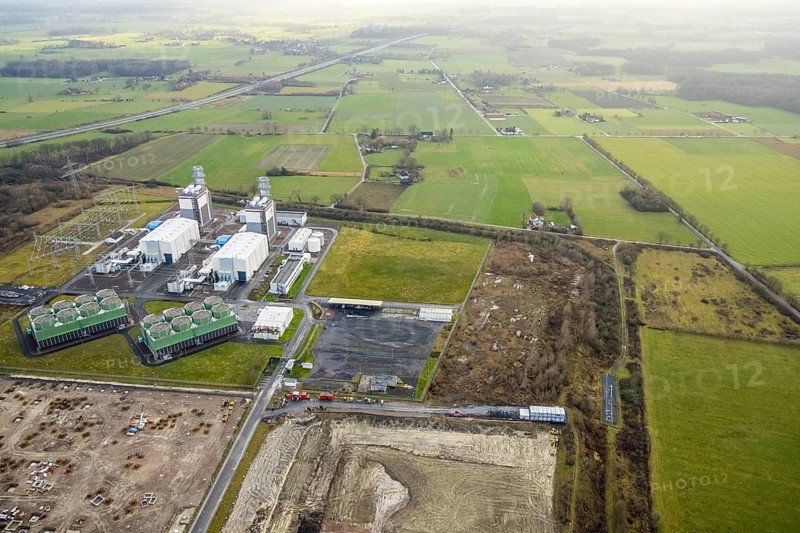 Aerial view Trianel gas-fired power plant Hamm with construction site for Douglas distribution centre and construction site Hines in the district Uentrop in Hamm, Ruhr area, North Rhine-Westphalia, Germany, DE, Europe, Hamm, power plant, aerial view, aerial photograph, aerial photography, aerial photography, Rhine-Ruhr metropolitan region, overview, bird's-eye view, overview