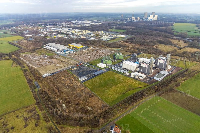 Aerial view Trianel gas power plant Hamm with construction site for Douglas distribution centre and construction site Hines in the district Uentrop in Hamm, Ruhr area, North Rhine-Westphalia, Germany, DE, Deutsche Post DHL - Mech ZB Hamm, Europe, Hamm, power plant, aerial view, aerial photograph, aerial photography, aerial photography, Rhine-Ruhr metropolitan region, overview, bird's-eye view, overview