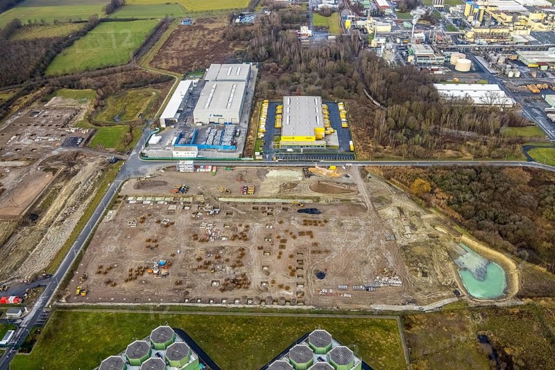 Aerial view construction site for Douglas distribution centre in Uentrop in Hamm, Ruhr area, North Rhine-Westphalia, Germany, DE, Deutsche Post DHL - Mech ZB Hamm, Europe, Hamm, aerial view, aerial photography, aerial photography, aerial photography, Rhine-Ruhr metropolitan region, overview, bird's-eye view, overview