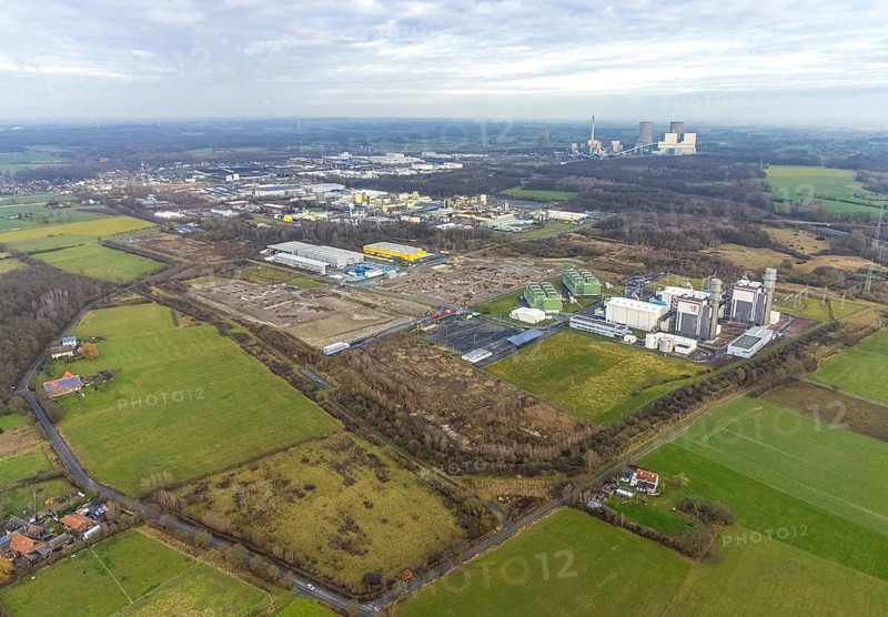 Aerial view Trianel gas power plant Hamm with construction site for Douglas distribution centre and construction site Hines in the district Uentrop in Hamm, Ruhr area, North Rhine-Westphalia, Germany, DE, Deutsche Post DHL - Mech ZB Hamm, Europe, Hamm, power plant, aerial view, aerial photograph, aerial photography, aerial photography, Rhine-Ruhr metropolitan region, overview, bird's-eye view, overview
