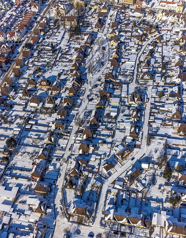 Aerial view, workers' settlement Maximilian, miners' settlement in winter, Uentrop, Hamm, Ruhr area, North Rhine-Westphalia, Germany, DE, Europe, aerial view, aerial photography, aerial photography, snow, overview, bird's-eye view, winter, birds-eyes view, overview, #residential area, #zechensiedlung