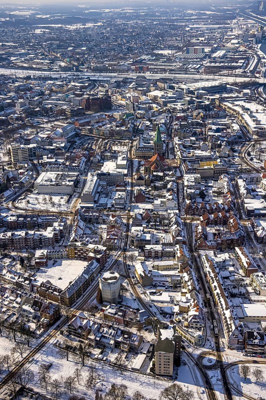 Aerial view, overview city centre Hamm in winter, snow-covered roofs, centre, Hamm, Ruhr area, North Rhine-Westphalia, Germany, DE, Europe, aerial view, aerial photography, aerial photography, snow, overview, bird's-eye view, winter, birds-eyes, view, overview, Hamm-Mitte, city centre, shopping, culture
