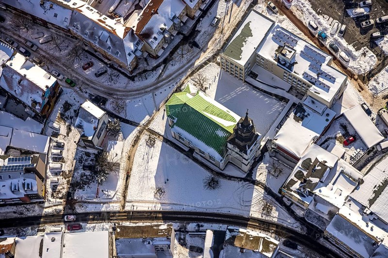 Aerial view, Renovated Protestant Youth Church Martin-Lutzher, Martin-Luther-Platz, snow, winter, green roof of the church, centre, Hamm, Ruhr area, North Rhine-Westphalia, Germany, DE, Europe, aerial view, aerial photography, aerial photography, overview, bird's-eye view, view, overview, Martin-Luther, place of worship, religion, faith, worship service, mass