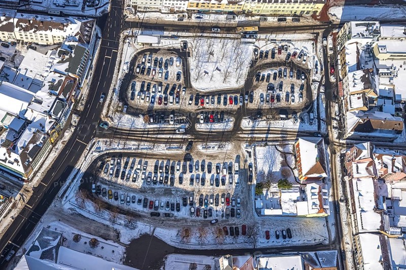Aerial view, car park Santa-Monica-Platz, location former synagogue, parked cars in the snow, winter, centre, Hamm, Ruhr area, North Rhine-Westphalia, Germany, DE, Europe, aerial view, aerial photography, aerial photography, snow, overview, bird's-eye view, view, overview, location, former, synagogue, parking, cars, parking area