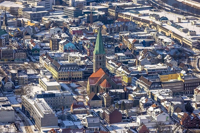Aerial view, snow, winter, Protestant St. Paul's Church, Hamm-Mitte, Hamm, Ruhr area, North Rhine-Westphalia, Germany, DE, Europe, aerial view, aerial photography, aerial photography, overview, bird's-eye view, birds-eyes, view, overview, city centre, centre of town, city centre, church, religion, faith, worship, mass