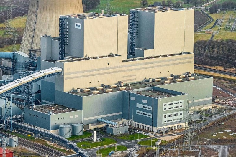 Aerial view of the RWE Westfalen power plant in Uentrop in Hamm, Ruhr area, North Rhine-Westphalia, Germany, DE, Europe, distant view, shapes and colours, Hamm, coal-fired power plant, cooling towers, aerial view, aerial photograph, aerial photography, aerial photography, Rhine-Ruhr metropolitan region, tower, overview, bird's-eye view, twin towers, birds-eyes view, overview