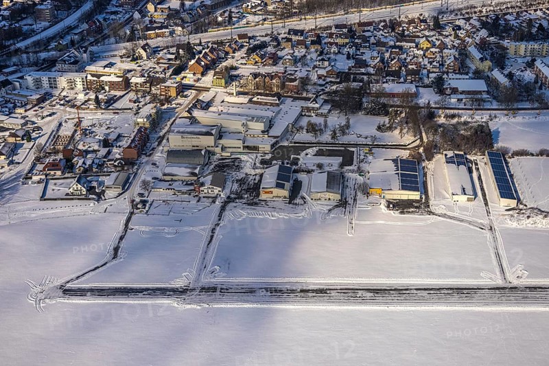Aerial photo, airfield EDLH, snow-covered areas, winter, cleared runway, centre, Hamm, Ruhr area, North Rhine-Westphalia, Germany, DE, Europe, aerial photo, aerial photography, aerial photography, snow, overview, bird's-eye view, view, overview, EDLH, airfield, flying, air sports, leisure, pilot