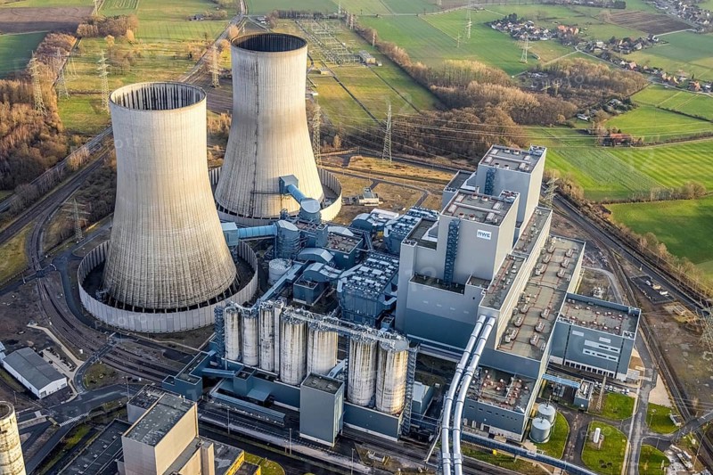 Aerial view of the RWE Westfalen power plant in Uentrop in Hamm, Ruhr area, North Rhine-Westphalia, Germany, DE, Europe, distant view, shapes and colours, Hamm, coal-fired power plant, cooling towers, aerial view, aerial photograph, aerial photography, aerial photography, Rhine-Ruhr metropolitan region, tower, overview, bird's-eye view, twin towers, birds-eyes view, overview