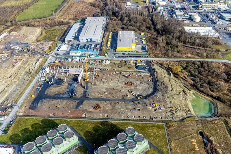 Aerial view, construction site for the new building complex on the site of the logistics centre and distribution park in the Uentrop district, Uentrop, Hamm, Ruhr area, North Rhine-Westphalia, Germany, DE, Europe, birds-eyes view, aerial photograph, aerial photography, aerial photography, overview, bird's eye view, Arvato Distribution GmbH & Arvato Supply Chain Solutions SE, Douglas Group, HINES Immobilien GmbH, Krüger Consult GmbH, Köster GmbH, studio architec