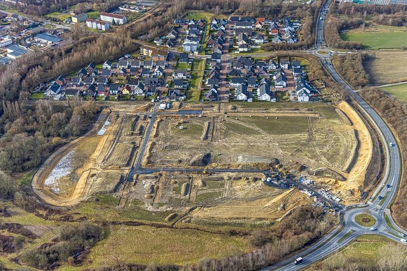 Aerial view, construction area Heimshof Ost at Sachsenring, new development area, Heessen, Hamm, Ruhr area, North Rhine-Westphalia, Germany, DE, Europe, birds-eyes view, aerial photography, aerial photography, overview, bird's eye view