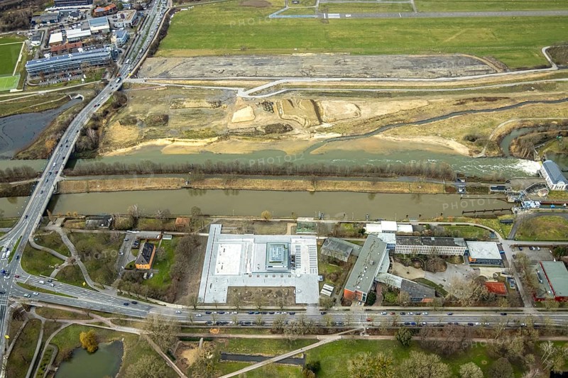 Aerial view, Lippe reconstruction, river Lippe, new rowing centre, new water sports centre, Lippe beach, runway with taxiway area of Hamm-Lippewiesen airfield EDLH in the district of Heessen, Datteln-Hamm canal, Lippeseitenkanal, construction site dam relocation, Hamm, Ruhr area, North Rhine-Westphalia, Germany, DE, Europe, birds-eyes view, aerial view, aerial photography, aerial photography, overview, bird's eye view