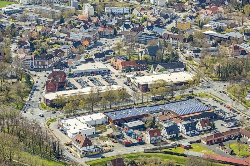 Aerial view, Lippecarree shopping centre at Herringer Markt, Evang.Victor-Kirche, Herringen, Hamm, Ruhr area, North Rhine-Westphalia, Germany, d 0.415398 0.272715, place of worship, DE, shopping centre, shopping place, shopping mall, Europe, religious community, place of worship, holy place, church, parish, denomination, aerial view, aerial photography, aerial photography, local supply centre, religion, religious site, shopping centre, overview, bird's-eye view, overview